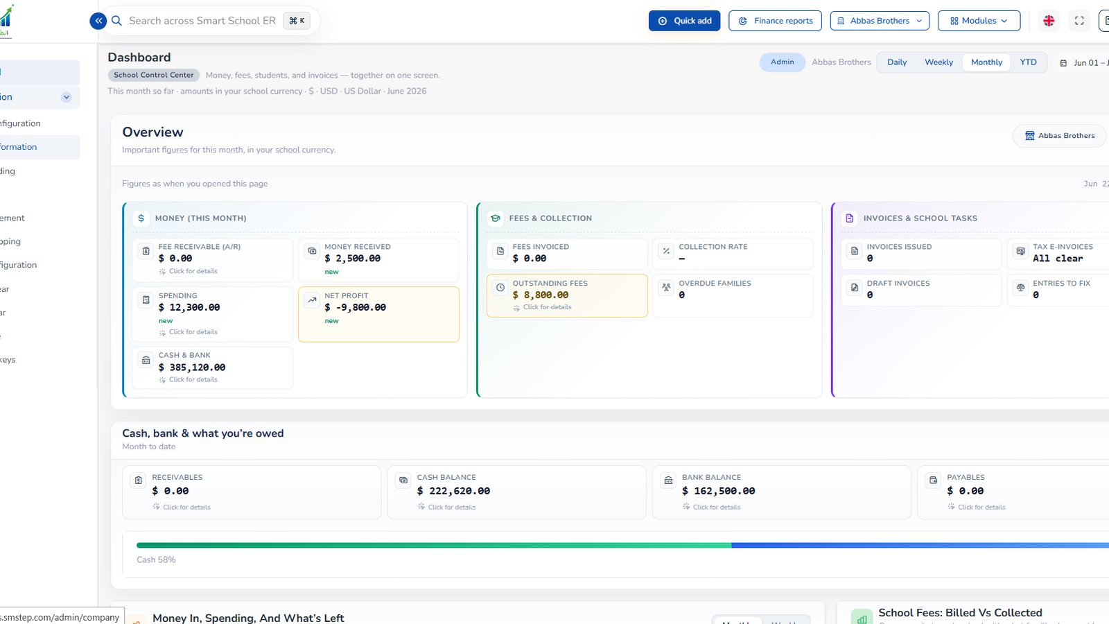 Smart School ERP control center dashboard